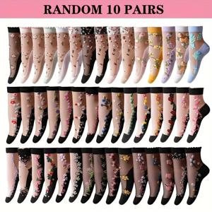 TEMU 10켤레 가볍고 통기성 좋은 자카드 유리 양말 | 랜덤 선택, 봄/여름 여성용 가벼운 통기성 꽃무늬 발목 양말 | 미끄럼 방지 유리섬유 강화, 다양한 색상과 패턴, 패션 액세서리, 미끄럼 방지