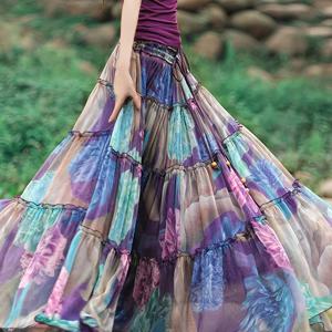 TEMU 맥시 드레스 - 멀티컬러 올오버 프린트 (터키석/핑크/라벤더) - A라인 - 웨딩 게스트 가운, 러플 헴 & 타이 웨이스트 사시, 기계 세탁 가능 파티 드레스 (프로미, 페스티벌, 그리스 섬 이벤트용)