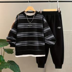 TEMU 남아용 빅사이즈 & 미디엄사이즈 2025년 가을 신상 스타일 정장 라운드넥 스웨트셔츠 바지 페이크 투피스 패션 트렌디 | 남아 패션 정장 | 프린트, 야외용