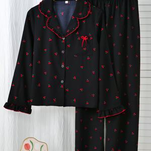 TEMU 두피스 체리 프린트 여성용 파자마, 긴소매와 러플 엣지 바지, 편안하고 편안한 레드 트림 라운지웨어 세트, 가을용 라펠 및 싱글 버튼 클로저 롱 가디건