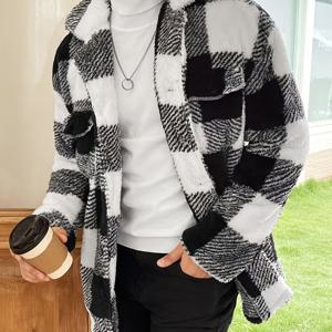 TEMU 남성용 루즈 체크 패딩 재킷, 겨울 플러시 코트