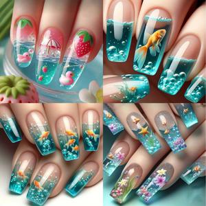 TEMU 96개 아크릴 미디엄 스퀘어 여름 수중 세계 네일 세트, 설탕 오일 페인팅 판타지 딸기오리 & 물결 금붕어 블루 오션 스타일 얼음 투명 물고기와 디자인, 여성 데일리 웨어 또는 휴가 축제용 패셔너블 다재다능한 예술적 인조네일, 여름 선물로 완벽