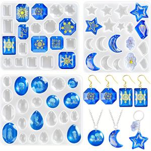 TEMU 구멍이 있는 레진 귀걸이 몰드 3개 세트 – 사각형, 눈물방울 모양, 타원형, 별, 달, 구름 패턴의 기하학적 모양 포함 | 펜던트, 귀걸이, 주얼리 제작에 이상적인 유연하고 재사용 가능한 실리콘 몰드