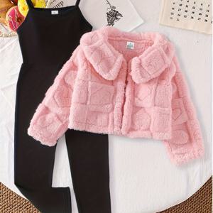 TEMU 여아용 2종 세트: 패셔너블한 가을/겨울 의상, 단색 스트랩 롬퍼와 긴 바지, 여아용 푹신한 버튼업 카디건 스타일 라佩르 긴소매 아우터웨어, 영한적이고 우아한 여아용 아웃도어 의류, 야외 활동에 적합