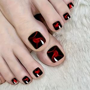 TEMU 여름 패션 발 네일 스티커 24pcs, 블랙 & 레드 대비 컬러풀 캣아이 짧은 프레스 타입 인조 손톱, 탈부착 가능 재사용 가능한 트렌디한 발 장식, 광택 표면 여성용 발 네일 스티커
