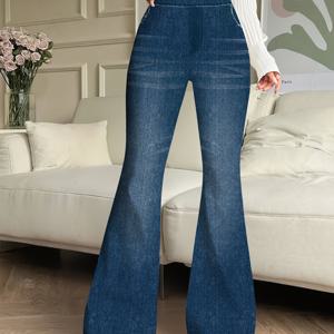 TEMU [프린팅 팬츠 - 데님 원단 아님] 여성용 봄/가을 팬츠, 이미테이션 데님 프린팅 레깅스, 플레어 팬츠, 엘레강스 드레스 트라우저