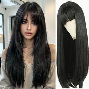 TEMU 여성용 패션 블랙 65cm 긴 합성 가발, 앞머리 포함, 내열성 합성 섬유, 자연스럽고 부드러운 헤어피스, 통기성 망사 캡, 데일리웨어, 코스프레, 카니발, 정장 행사에 적합