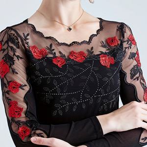 TEMU 가을 신상 긴팔 레이스 라운드넥 베이스셔츠 우아한 라인스톤 메쉬 스트레치 핏티셔츠