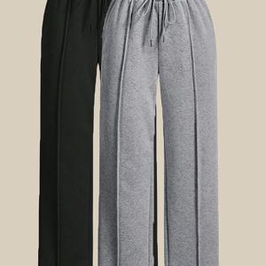 TEMU 여성용 겨울 바지 2개 세트 - 부드럽고 편안한 캐주얼 엘레강스 트라우저, 끈 조절 허리 & 커프드 밑단, 블랙 & 그레이, 기계 세탁 가능 소재, 오피스 및 캐주얼 착용 - 가을 겨울 의상