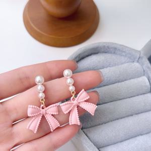 TEMU 이미테이션 진주 비즈 리본 귀걸이, 멀티 레이어 비즈 및 입체 리본 창의적인 조합, 마카롱 핑크 및 퍼플 투톤, 스위트하고 산뜻한 스타일 데일리 매칭 다용도 귀걸이, 귀 穿孔 불필요