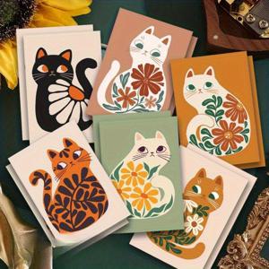TEMU 스타일 고양이 아트 일러스트 카드 12장 + 봉투 포함 - 화려한 꽃과 고양이 패턴, 모든 행사에 적합 - 친구, 선생님, 동료에게 완벽한 선물 - 생일, 휴일, 감사 카드, 고양이 애호가를 위한 선물로 이상적