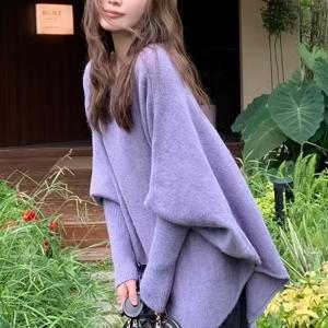 TEMU 한국식 버전 퍼플 케이프 가디건 스웨터 여성용, 새로운 가을 분위기 부드럽고 편안한 스타일 루즈 커버업 아우터웨어
