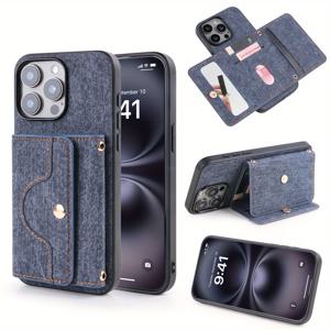 TEMU 휴대폰 케이스 - 아이폰 12, 13, 14, 15, 11, 16E Pro/Plus/Promax용 스타일리시하고 미니멀한 데님 텍스처 및 인조 가죽 케이스, 매달이 되는 로프 및 거울 카드 슬롯 특징|폰케이스|아이폰케이스