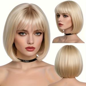 TEMU 여성용 골든 숏 밥 가발 - 자연스러운 숏 스타일, 탄력 있는 망사 캡, 가벼운 파티용 가발 (할로윈, 일상 및 특별한 날에 적합) - 슬림한 디자인, 누구에게나 어울림