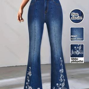 TEMU [프린트 팬츠 - 데님 원단 아님] 플로럴 디자인의 프린트 여성용 신축성 있는 롱 팬츠, 페이크 데님 스타일, 페이크 포켓 및 핏되는 플레어 컷