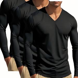 TEMU 3팩 남성용 솔리드 컬러 V넥 긴팔 티셔츠 - 빠른 건조 고탄력 폴리에스터 운동복, 헬스, 러닝, 겨울 트레이닝용 - 세탁기 사용 가능 솔리드 컬러 (3팩)|헬스복