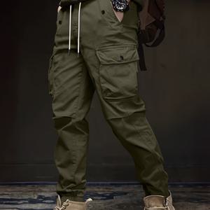 TEMU 남성용 탄력 카고 팬츠 - 스트리트 스타일 레귤러 핏 미드라이즈 바지, 다중 포켓, 사계절 실외 및 캐주얼 착용, 솔리드 컬러 벨트리스 디자인, 전술 바지, 내구성 있는 원단, 도시적인 기능성 수납