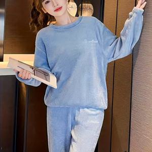 TEMU 여성용 2피스 소프트 플란넬 파자마 - 따뜻한 겨울 잠옷, 포근한 긴팔 라운드넥 나이트가운 & 팬츠, 세탁기 사용 가능 (겨울용)