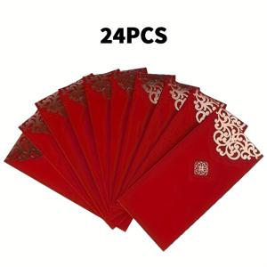 TEMU 24개 골든 플로럴 레드 봉투 - 골드 포일 패턴 자체 밀봉 현금 선물 봉투, 결혼식, 생일, 크리스마스 및 새해 전통 중국 돈 포장 (24개 대량 팩, 우아한 골드 액센트 봉투)