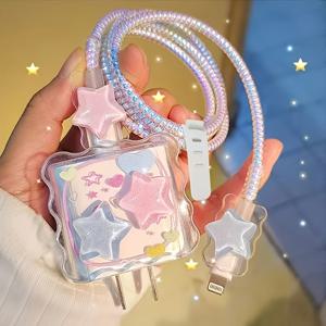 TEMU 5개/세트 블루 앤 핑크 3D 별 물결 쉘 아이폰 18-20W 충전기 보호 케이스, 애플 데이터 케이블 보호 케이스 (단단한 케이블 보호용)