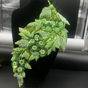 TEMU 웨딩 드레스 및 이브닝 가운에 적합한 녹색 및 은색 꽃잎 비즈 패치, 의류 장식용