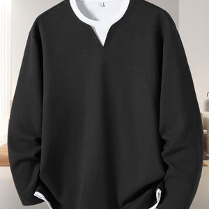 TEMU 남성용 가을/겨울 와플 니트 2-in-1 룩 긴팔 티셔츠|티셔츠|남자셔츠|셔츠