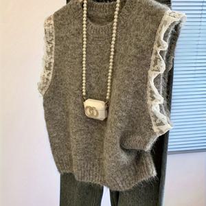 TEMU 우아한 여성 레이스 패치워크 라운드넥 탱크 탑, 스타일리시하고 캐주얼한 스웨터 조끼