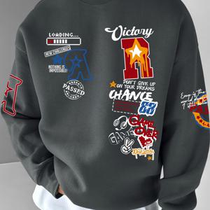 TEMU 승리 테마 트렌디 프린트 스웨트셔츠 | 캐주얼 루즈핏, 크루넥, 약간의 스트레치 원단, 알파벳 패턴