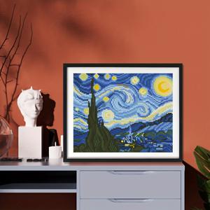 TEMU 힐링 오일 페인팅 스타일 크로스 스티치 키트, 반 고흐 별이 빛나는 밤 패턴, 초보자용 11CT 미디엄 그리드 삼중 실 자수, 홈 데코 DIY 창의적인 선물용 예술 장식 그림