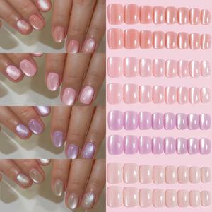 TEMU 94개 4칸 박스 컬러풀 사탕 컬러 고양이 눈 효과 프레스온 인조 손톱 짧은 원형 풀 커버 네일 아트 피스 패셔너블 네일 아트