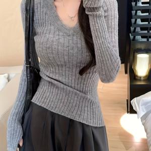 TEMU 스타일 커뮤터 V넥 가디건, 리브드 스웨터, 퓨어 디자이어 타이트 탑, Y2K 데일리 스트리트웨어 내부 스웨터, 귀여운 봄 미국식 캐주얼 다용도 스웨터, 패션 여성 의류|반팔니트