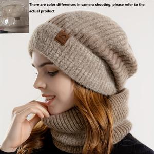 TEMU 여성용 겨울 아웃도어 모자와 스카프 세트, 신축성 있고, 깃털 없는, 두꺼운 보온 귀마개 - 패셔너블한 소프트 비니와 매칭 목도리 - 손세탁 가능