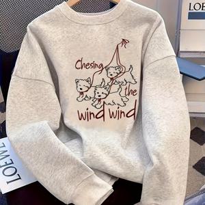TEMU 여성용 그레이 스웨트셔츠 2025 신상 봄/가을 얇은 후드없는 라운드넥 풀오버 캐릭터 자수 헤비웨이트 루즈핏
