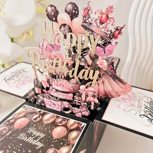TEMU 나비와 꽃무늬 디자인의 우아한 3D 생일 카드 - 레이저 컷 페이퍼로 제작, 검정 및 핑크 풍선 포함, 누구에게나 적합 - 발렌타인데이 또는 생일 축하 초대장으로 완벽