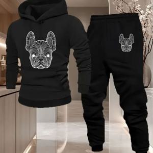 TEMU 남성용 두피스 두꺼운 후드 스포츠 웨어 세트 - 앞면에 흰색 예술적인 '한국 강아지 머리' 텍스트가 특징이며, 클래식한 아웃도어 스타일 그래픽 디자인과 조합되어 가을 및 겨울 시즌에 적합합니다. 단색 디자인, 루즈핏