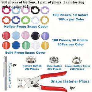 TEMU 802피스 스냅 단추 도구 세트, 중공 및 단단한 금속 스냅 단추 및 설정 도구 포함, 수동 구리 펀칭 세트, 청바지, 의류, 가방, 가죽 공예용, 10가지 색상 200세트, 9.5mm