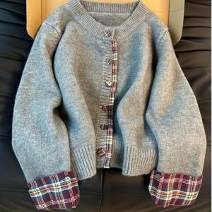 TEMU 여성용 페이크 투피스 한국 스타일 라운드넥 패치워크 체크 스웨터, 2025년 가을/겨울 신상 루즈핏 캐주얼 가디건 탑|블라우스|가디건|옷