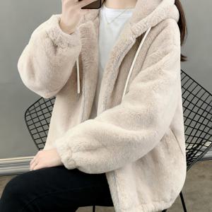 TEMU A4211 단색 후드 긴소매 플러시 자켓