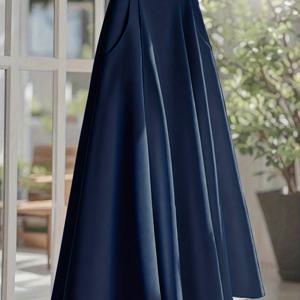 TEMU 신상 하이웨이스트 솔리드 컬러 슬림핏 우아한 블루 여성 드레스, 네이비 블루 하이웨이스트 플레어 맥시 드레스 with 포켓, A라인 스커트, 다용도 빈티지 스타일 롱 펜슬 스커트, 니치 디자인 플래터링 우산 스커트