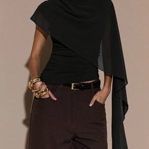 TEMU 여성용 비대칭 숄더 플리츠 넥라인 타이 탑, 봄/가을용 우아한 핏 블라우스, 블랙 탑