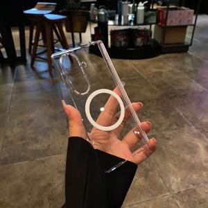 TEMU 삼성 Z 폴드 7/6/5/4/3용 투명 마그네틱 폰 케이스, 낙하 방지, 듀얼 마그네틱 중심축, 초슬림 하드 케이스, 단면 디자인, 네이키드 룩