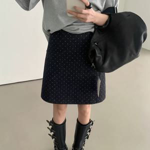 TEMU 2026 봄맞이 신상 한국식 심플 패션 다용도 출근룩 빈티지 소형 도트 프린트 하이웨이스트 OL 스타일 A라인 스커트 트위드 원단 스커트 뒷지퍼 디자인, 피부 친화적인 안감 1개 포함, 다리 길이 연장 미니 스커트 디자인|여성원피스