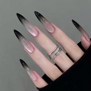 TEMU 롱 티어 드롭 인조 네일 | 블랙 앤 화이트 그라데이션 캣 아이 광택 마감, 기계 제작 ABS, 여성 , 파티, 카니발에 적합