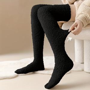 TEMU 여성용 두꺼운 산호 양털 오버 니즈 양말 - 겨울 따뜻한 플러시, 단색, 골지 질감, 실내 편안함을 위한 부드럽고 포근함, 집에서 착용하기 필수품, 손세탁만 가능, 포근한 홈웨어 | 골지 질감 양말 | 플러시 양털 소재, 두꺼운 양말