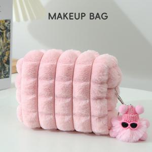 TEMU 폼폼 장식이 있는 대용량 플러시 메이크업 가방 | 소프트 핑크, 지퍼 잠금, 여행 및 가정용으로 이상적, 여성용 귀엽고 실용적인 디자인
