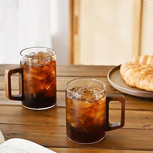 TEMU 2P 투명 유리컵 머그컵 우드 손잡이 보온 심플 스타일 컵 세트