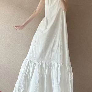 TEMU 여성용 여름 면 끈나시 원피스 데일리 루즈핏 민소매 홈웨어 롱스커트 빅사이즈 솔리드 심플 원단 통기 슬림소녀 SLIM GIRL