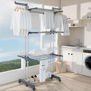 TEMU 의류 걸이대, 초대형 4단, 접이식 스테인리스 스틸 의류 걸이대, 이동식 바퀴 4개, 24개의 걸이대와 14개의 후크, 침구, 의류에 적합, 회색, 의류 걸이대, 중간 가을 축제 선물, 할로윈 선물, 크리스마스 선물