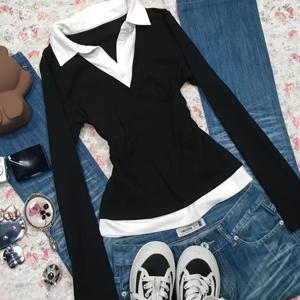 TEMU 스위트 스파이시 2-in-1 롱슬리브 셔츠 칼라 베이스 레이어 여성 가을 겨울 한국식 학문적 허리라인 강조 편안한 이너웨어 티셔츠 니치 시크 순수한 욕망 스타일 스타일리시 패션 세미 오픈 칼라 컬러 블록 탑