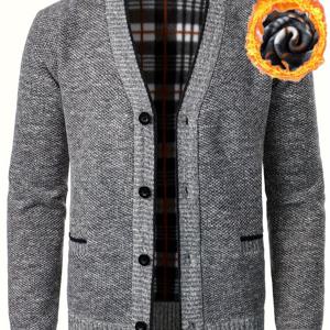 TEMU 남성용 V넥 캐주얼 니트 가디건 | 가을/겨울, 플리스로 두께 강화, 단색, 긴소매, 원단, 디테일